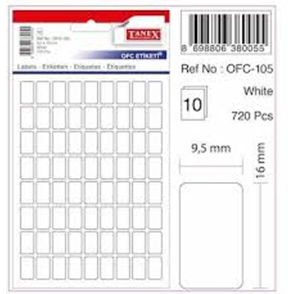 TANEX | STD OFC-105 9,5*16 MM BEYAZ OFİS ETİKETİ 10 AD.