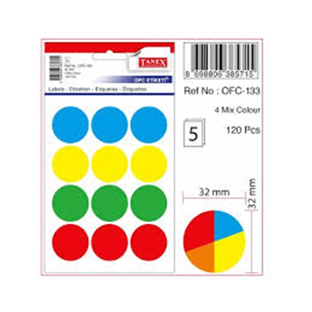 TANEX | STD OFC-133 32 MM FLO 4 MİX RENK OFİS ETİKETİ 5 AD.