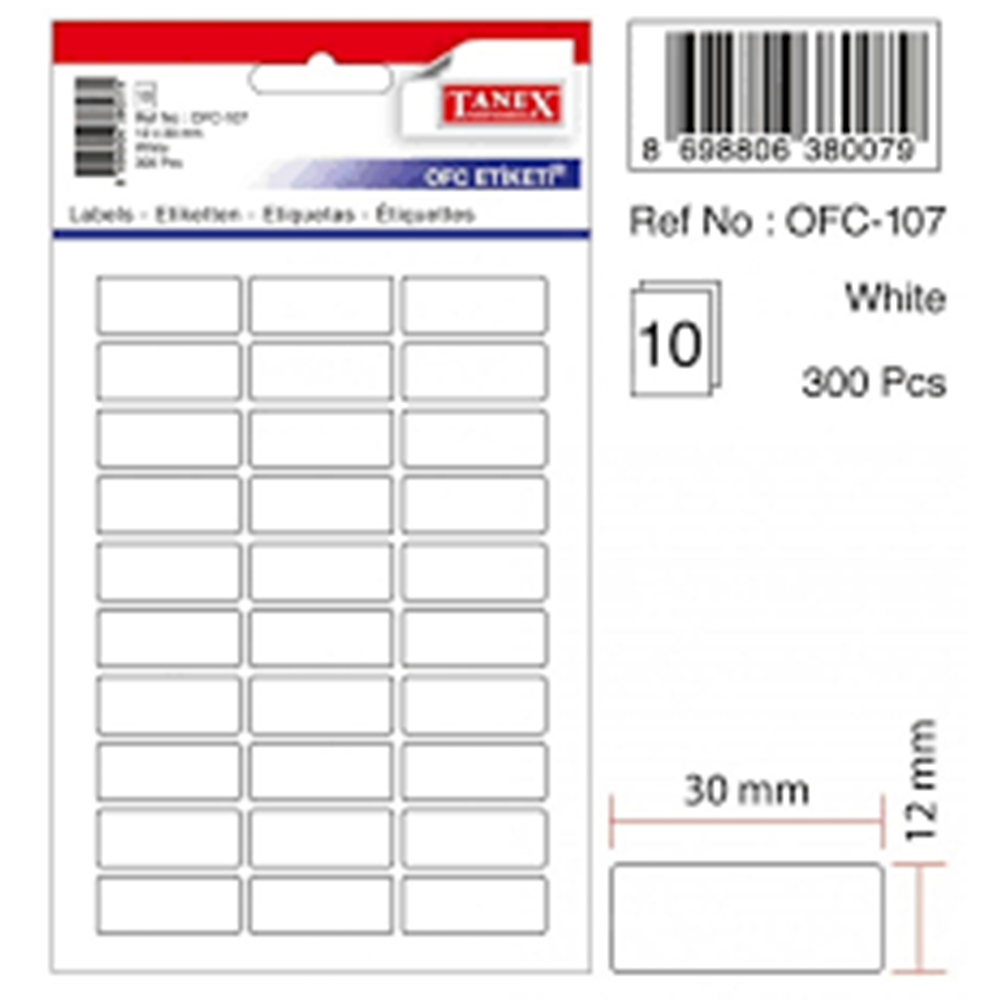 TANEX | STD OFC-107 12*30 MM BEYAZ OFİS ETİKETİ 10 AD.