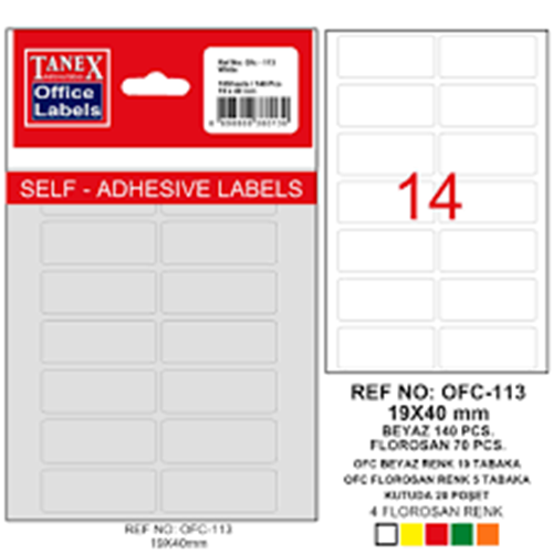 TANEX | STD OFC-113 19*40 MM BEYAZ OFİS ETİKETİ 10 AD.