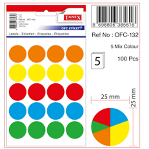 TANEX | STD OFC-132 25 MM FLO 5 MİX RENK OFİS ETİKETİ 5 AD.