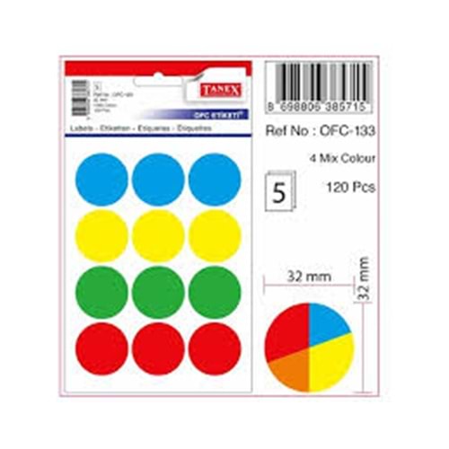 TANEX | STD OFC-133 32 MM FLO 4 MİX RENK OFİS ETİKETİ 5 AD.